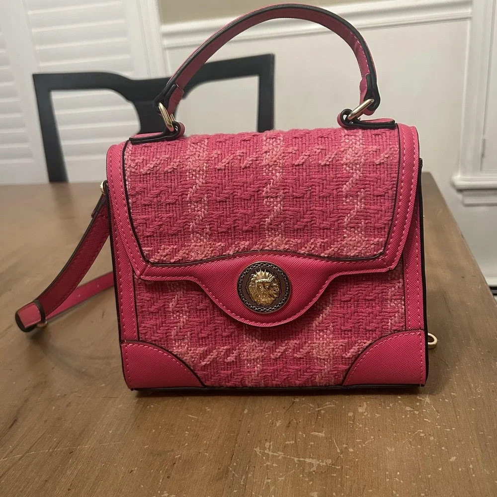 Aldo Satchel Bag Womens Small Pink Tweed Houndstooth Lion Head Chain Purse